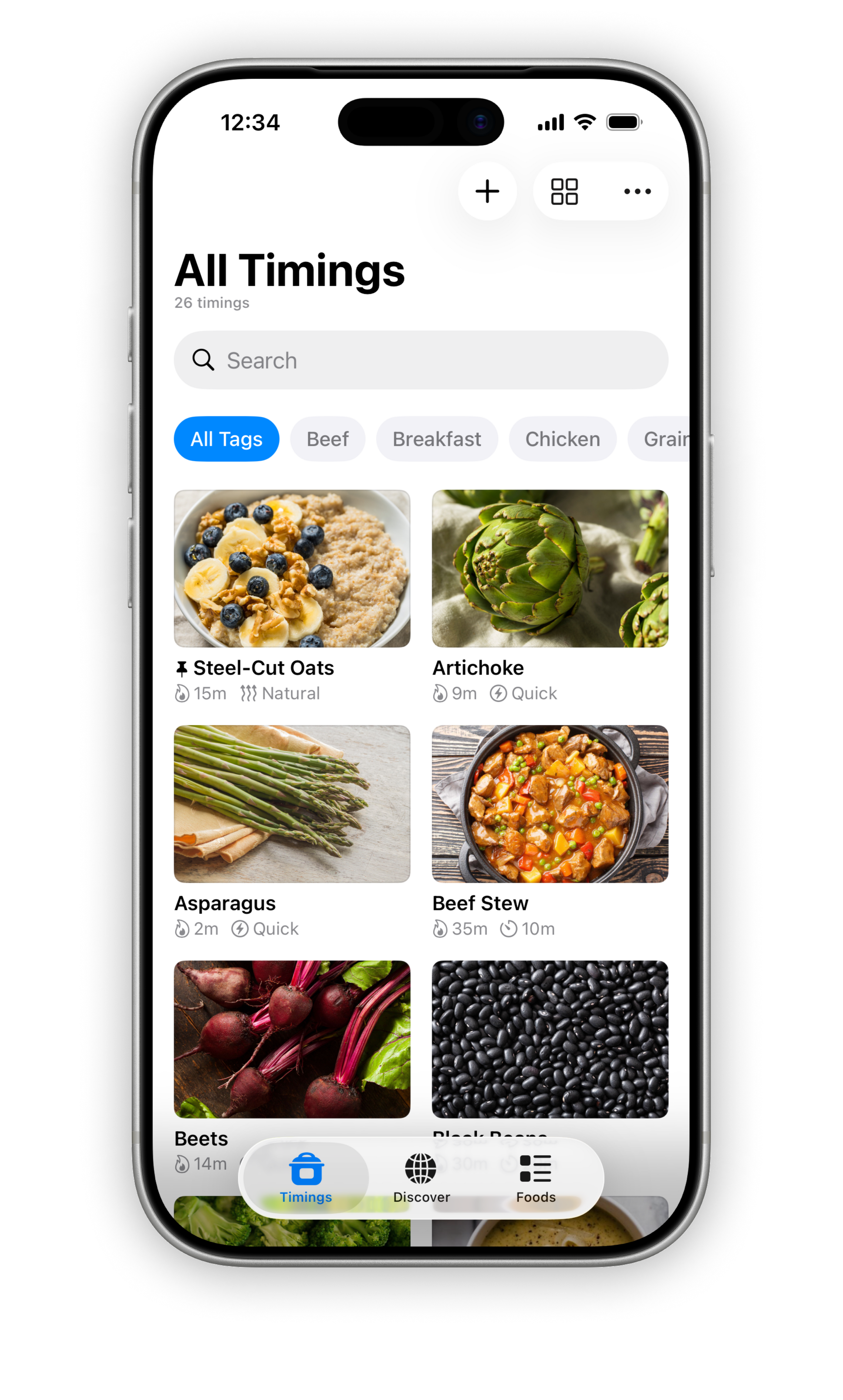 My Timings screenshot Cropped screenshot of a mobile app titled “My Timings,” showing a list of foods with cooking times. Items include Steel-Cut Oats (35 min), Quinoa (23 min), Long-Grain White Rice, and Long-Grain Brown Rice, each with a photo and timer icon.