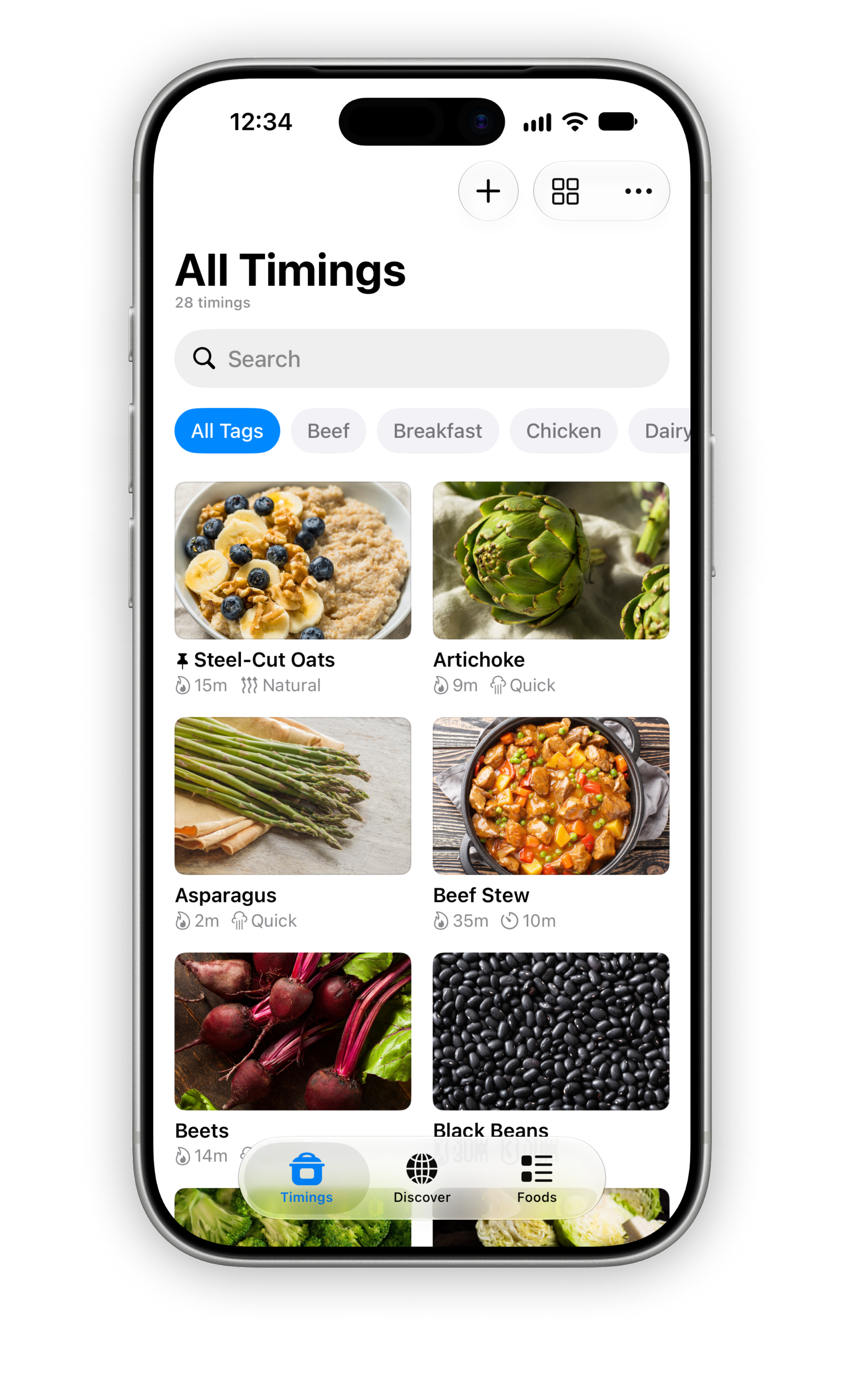 My Timings screenshot Cropped screenshot of a mobile app titled “My Timings,” showing a list of foods with cooking times. Items include Steel-Cut Oats (35 min), Quinoa (23 min), Long-Grain White Rice, and Long-Grain Brown Rice, each with a photo and timer icon.