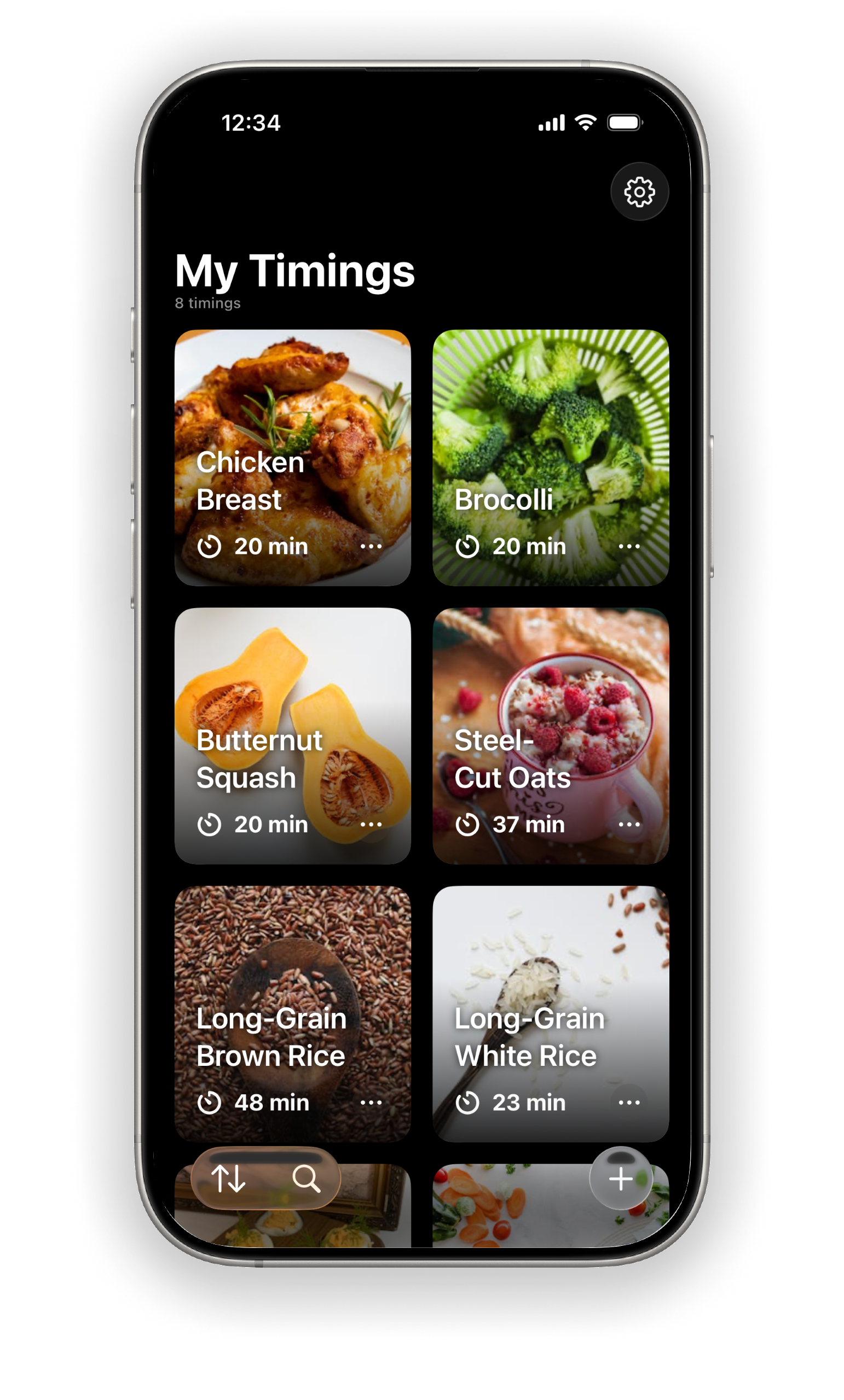 My Timings screenshot Cropped screenshot of a mobile app titled “My Timings,” showing a list of foods with cooking times. Items include Steel-Cut Oats (35 min), Quinoa (23 min), Long-Grain White Rice, and Long-Grain Brown Rice, each with a photo and timer icon.