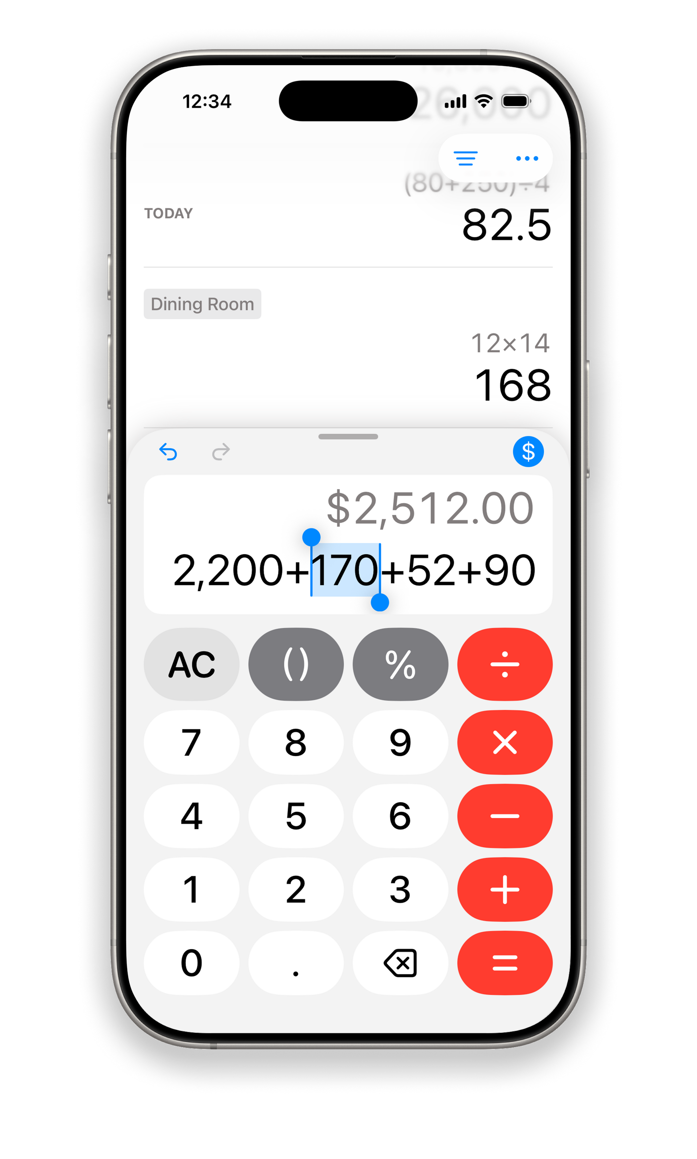 Dash Calc screenshot Screenshot of the Dash Calc app displaying a multi-operator calculation ("1.05 × 56 + 5.99 = 64.79") in the center, two previous calculations at the top, and a standard calculator keypad with gray and red buttons at the bottom.