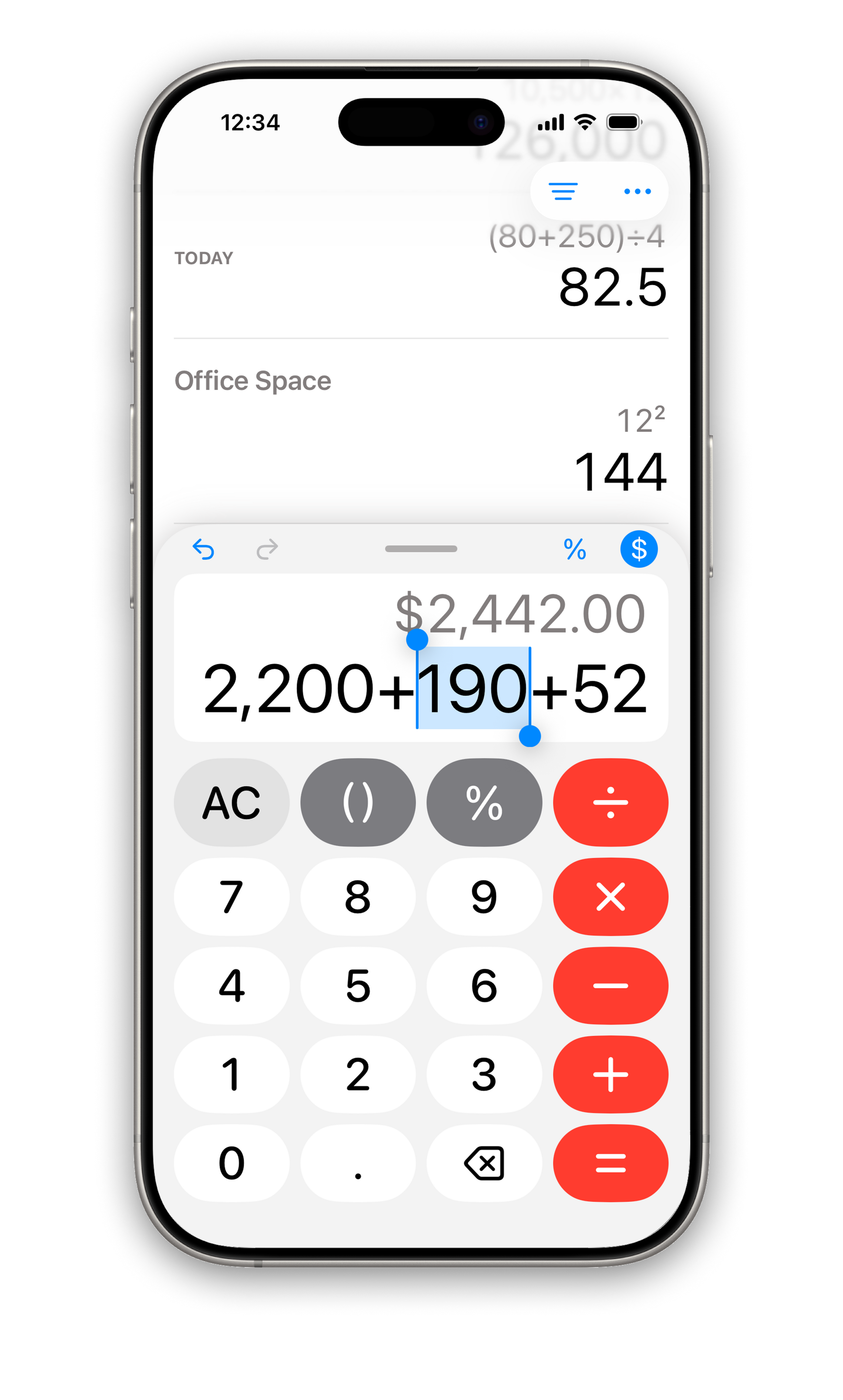 Dash Calc screenshot Screenshot of the Dash Calc app displaying a multi-operator calculation ("1.05 × 56 + 5.99 = 64.79") in the center, two previous calculations at the top, and a standard calculator keypad with gray and red buttons at the bottom.