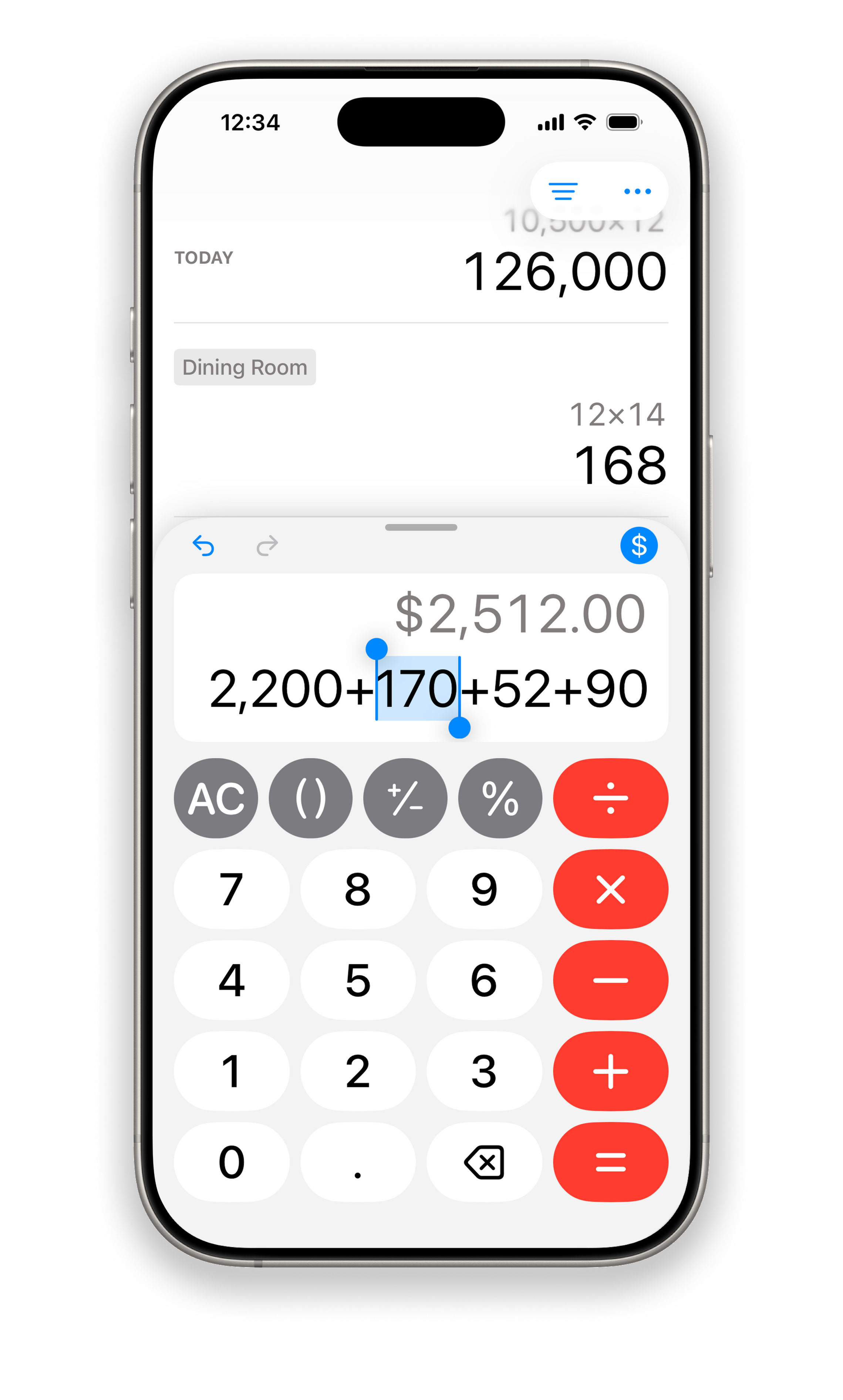 Dash Calc screenshot Screenshot of the Dash Calc app displaying a multi-operator calculation ("1.05 × 56 + 5.99 = 64.79") in the center, two previous calculations at the top, and a standard calculator keypad with gray and red buttons at the bottom.