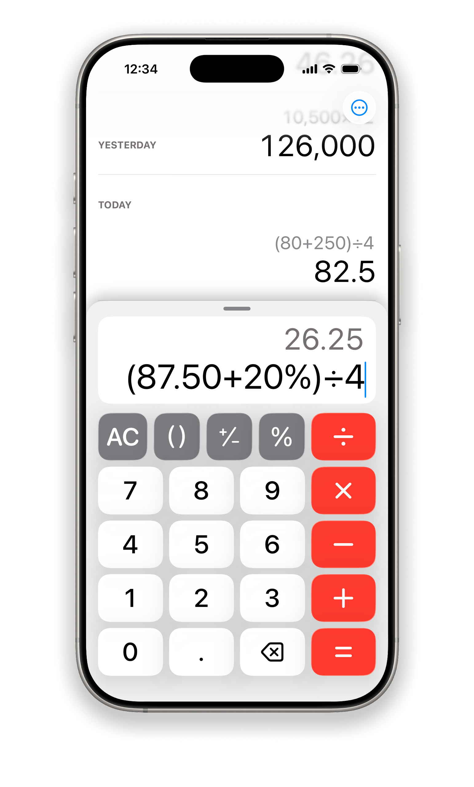 Dash Calc screenshot Screenshot of the Dash Calc app displaying a multi-operator calculation ("1.05 × 56 + 5.99 = 64.79") in the center, two previous calculations at the top, and a standard calculator keypad with gray and red buttons at the bottom.